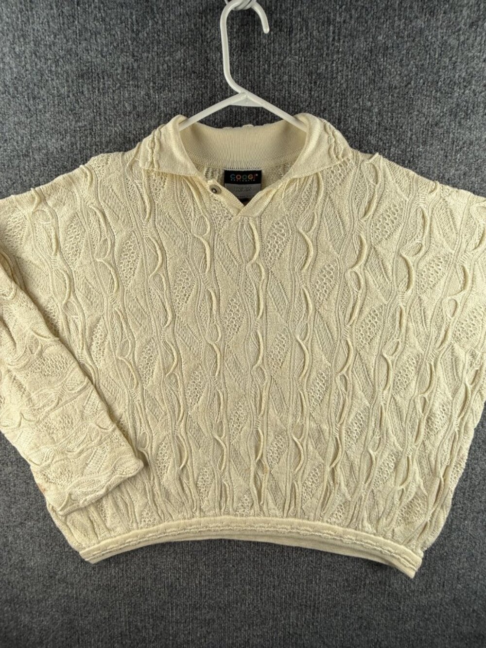 COOGI Australia Sweater Men Knit Ivory Textured 3D Pullover Collared Large